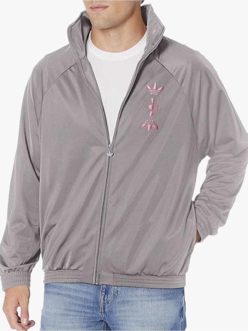 adidas Grey Bomber Jacket with Pink Trefoil Accents
